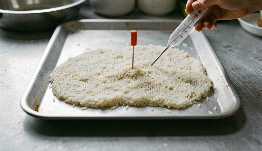 Un riz cuit étalé en couche mince sur une plaque métallique posée sur un plan de travail froid, un thermomètre à sonde planté dedans, cuisine claire