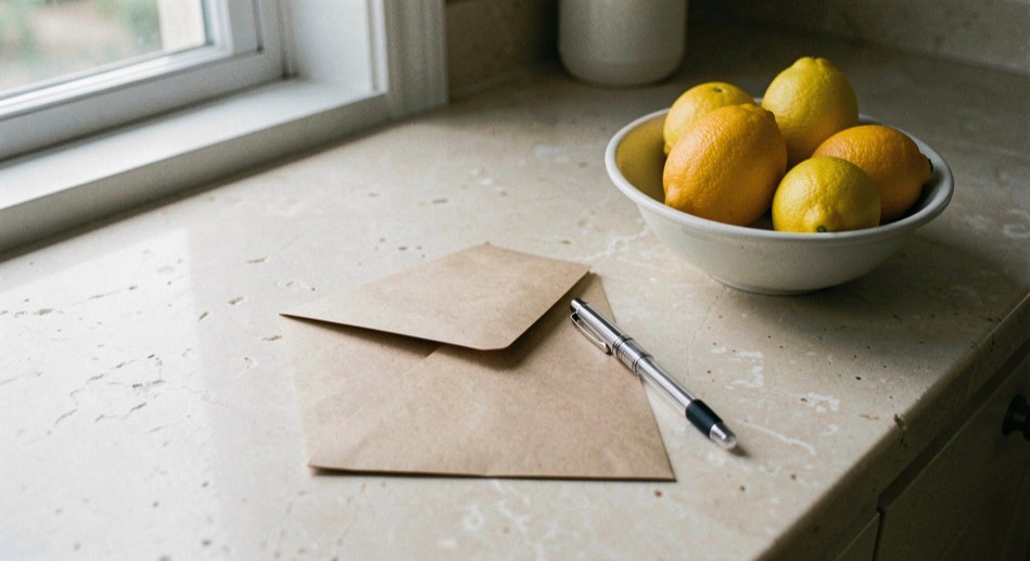 Une enveloppe kraft et un stylo posés sur un plan de travail en pierre claire près d’un bol de citrons, lumière douce du matin venue d’une fenêtre à gauche