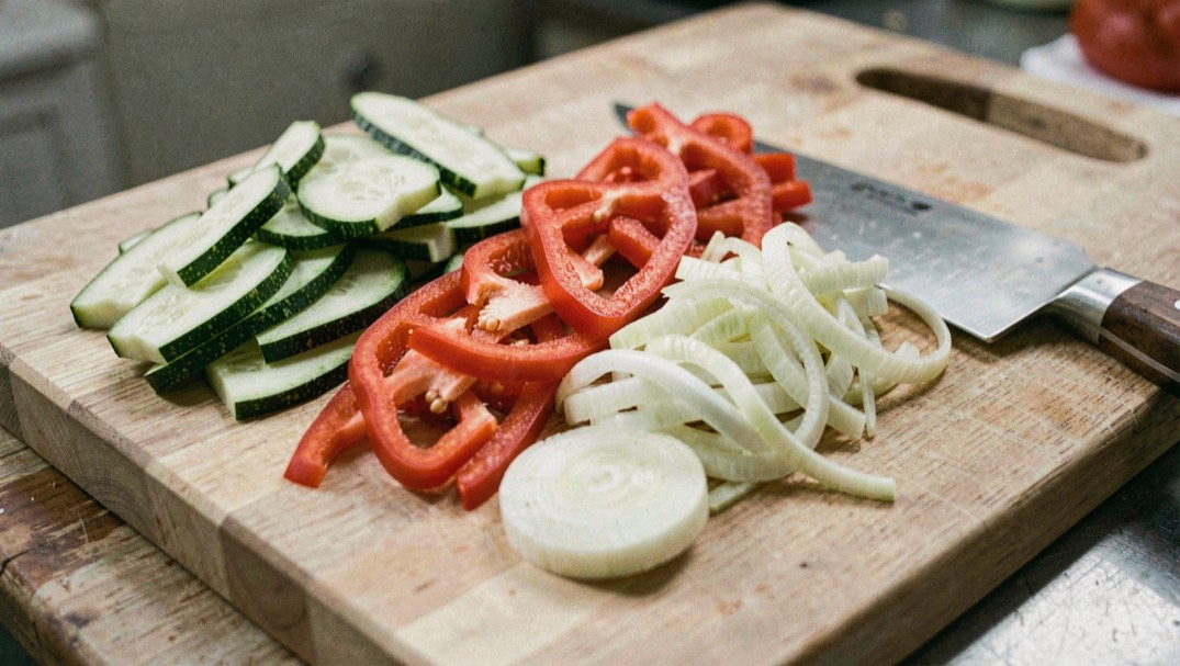 Des lanières de courgette, de poivron rouge et de fenouil disposées séparément en tas sur une planche à découper en bois clair, un couteau de chef posé au bord